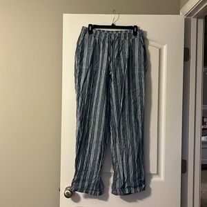 Blue loose fitting linen pants with drawstring waist